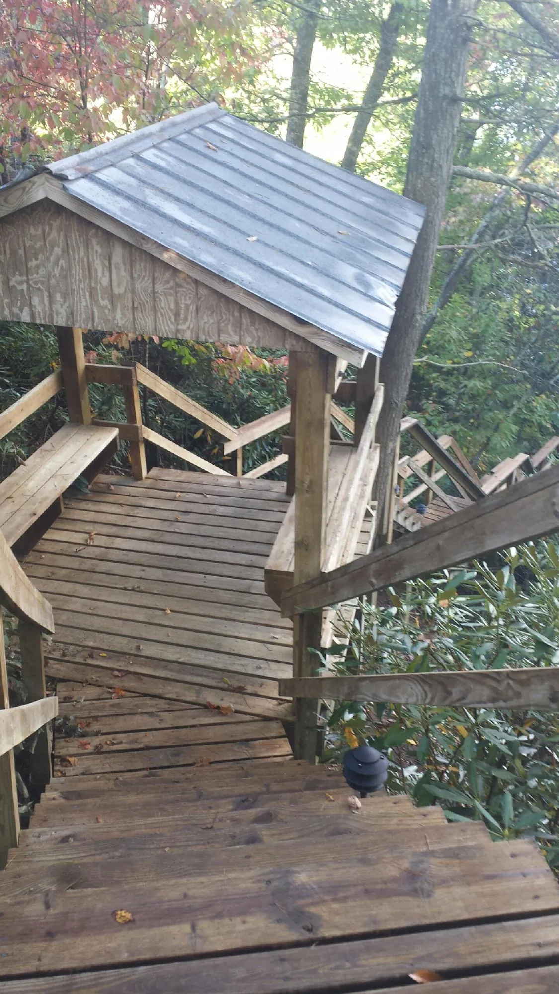 Metal roofed shelter over wooden steps on a wooded walkway — Skylight Repair & Installation work by our crew in Clifton Springs